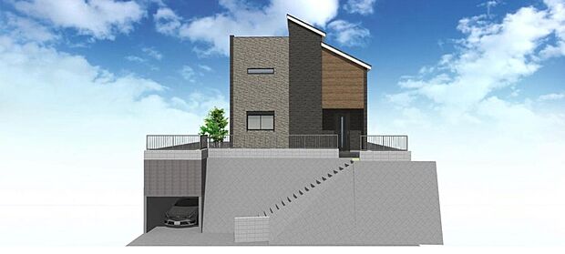 【完成予想図(外観)】高台に佇む、洗練されたデザインの邸宅。ガレージ付きで利便性も高く、家族の豊かな暮らしを育むモダンな外観が魅力です。