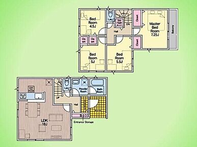 1階は広々LDKで家族団らん、2階には豊富な居室と収納を配置。お子様の成長やライフスタイルの変化に対応できる、家族の笑顔が広がる間取りです。 