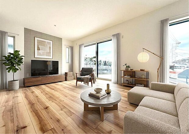 大きな窓からたっぷりと陽光が注ぎ込む、開放感抜群のリビング。※画像は実際の室内写真をもとに、家具・調度品の配置例をCG合成したもので、実際とは多少異なります。また、家具等は販売価格に含まれません。