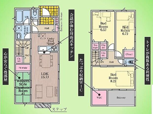 【4LDK】8.2畳の主寝室にある大きなWICをはじめ、各所に散りばめられた豊富な収納が魅力。南側のバルコニーに面した明るい寝室や、リビングと繋がる和の空間など、どこにいても木の温もりと光を感じられます。家族の成長に寄り添い、優しく包み込んでくれるデザインです。