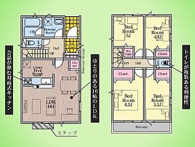 LDKのほかに4つの個室を備えた、家族みんながゆったり過ごせる間取り。各部屋にクローゼットがあるため、お部屋をスッキリきれいに保てます。収納豊富で、暮らしやすさが隅々まで行き届いた温かなお家です。 