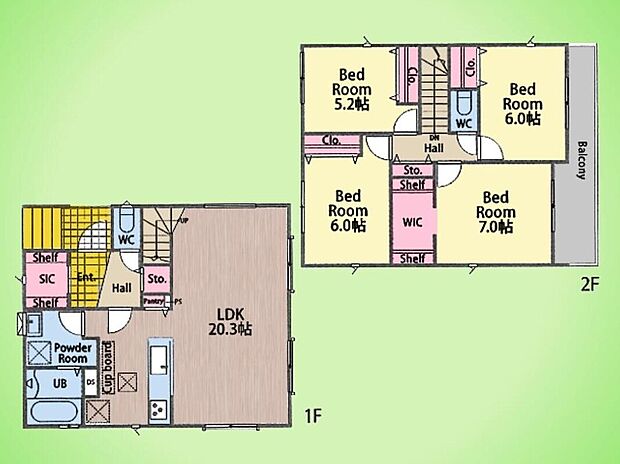 (２号棟)
リビング階段を採用し、家族が自然と顔を合わせる設計。料理をしながらリビングを見渡せるキッチン横には便利なパントリーも。全室2面採光で、光と風が通り抜ける住まいです。