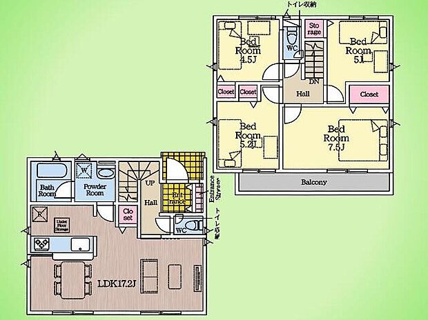 【4LDK】4LDKのゆとりある間取りに、太陽光発電を搭載した住まい。各居室に収納を備え、すっきりとした住空間を保てます。カースペースは2台分確保しており、ご家族での利用や来客時にも便利です。