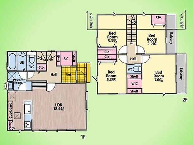 【4LDK】18帖超の広々LDKを中心に、全居室5帖以上のゆとりある4LDKプラン。パントリーやWIC、シューズインクロークなど適材適所の豊富な収納が、家族のすっきりとした暮らしを叶えます。家事動線にも配慮された、快適な住まいです。