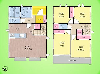 2階に4部屋あるので、お子様の個室や趣味の部屋もゆったり確保。1階の広いLDKは、自然と家族が集まる温かな中心地になります。全居室に収納があり、お家の中がスッキリ片付きますね。 