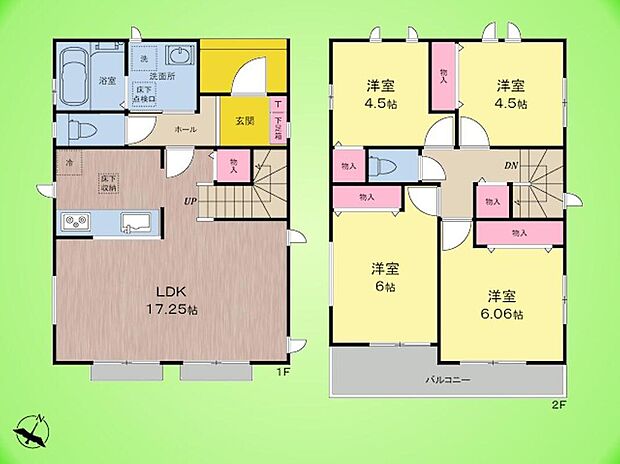 【4LDK】2階に4部屋あるので、お子様の個室や趣味の部屋もゆったり確保。1階の広いLDKは、自然と家族が集まる温かな中心地になります。全居室に収納があり、お家の中がスッキリ片付きますね。