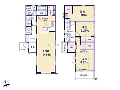 19.25帖のゆとりある広さのLDKは、窓からの陽光が明るく包み込むご家族のくつろぎの空間です。パントリーや各居室の収納もゆとりある広さを確保した、収納豊富な間取り。2階洋室から上がれるロフト空間も収納として活用することも可能です。 
