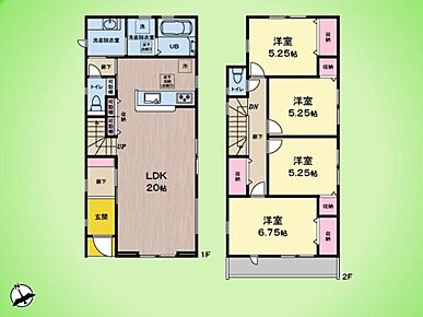LDKは20帖の広々とした空間です。リビングに2階への階段があり、いつも家族の気配を感じられる間取りを採用しています。2階には4部屋の洋室があり、お一人おひとりの個室や書斎、趣味の部屋などご家族構成やライフスタイルに合わせてご使用が可能です。 