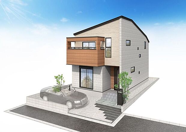 【◇◆完成予想パース◆◇】淡い色合いをベースに、木目調の外壁を張り分けた、上質なナチュラルさを創り出す外観デザイン。計算された色使いは植栽の緑とも美しく調和し、街並みに優しく溶け込みます。