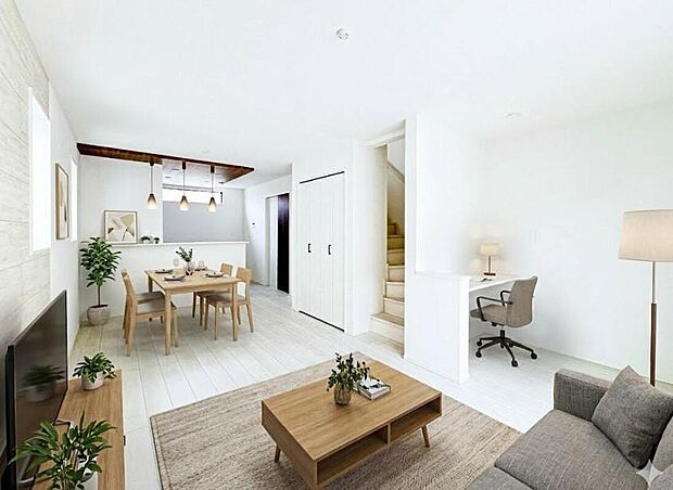 【リビングダイニング】リビングにいるお子様と会話をしながら家事ができるカウンターキッチン。いま手があいているか、忙しそうなのか相手の様子を伺いながらコミュニケーションをとる訓練にもなります。