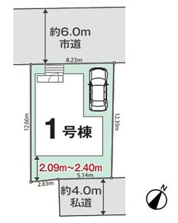 【全体区画図】前面道路は6mあるため駐車もラクに行えます。前後が道路に面しているため風が抜けやすく通気の良い立地です。