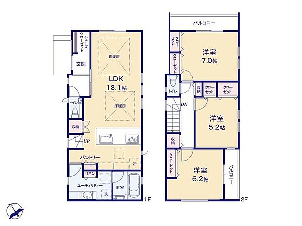 【間取図】LDK18.1帖、床暖房、電動シャッター