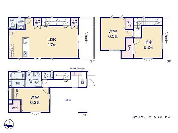 A号棟【間取り図】間取り 3LDK、建物面積 105.67m2（※駐車場面積13.35m2を含む）、土地面積 63.11m2