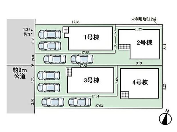 【区画図】約9mの前面道路に面し、車の出し入れもスムーズ。全4棟の整った街並みで、開放感と暮らしやすさを兼ね備えた分譲地です。