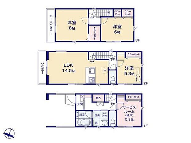 【3LDK+S】3号棟【間取り-3LDK+S-】LDK14.5帖・対面キッチン・2階LDK+1部屋・主寝室8帖