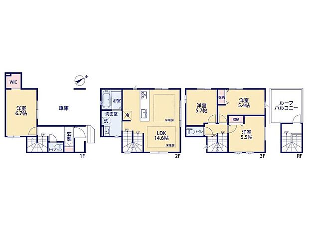 【4LDK】【2号棟-4LDK】LDK14.6帖　対面キッチン　2階水廻り集中プラン　ルーフバルコニー