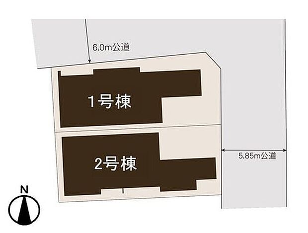 【全体区画図】前面道路約5.85mのゆとりある立地で、カースペースも確保。陽当たり良好で、閑静な住宅地に位置する落ち着いた住環境です。