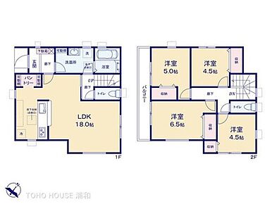 2階4部屋プラン・LDK18帖・洗面室2ドア2方向への動線 
