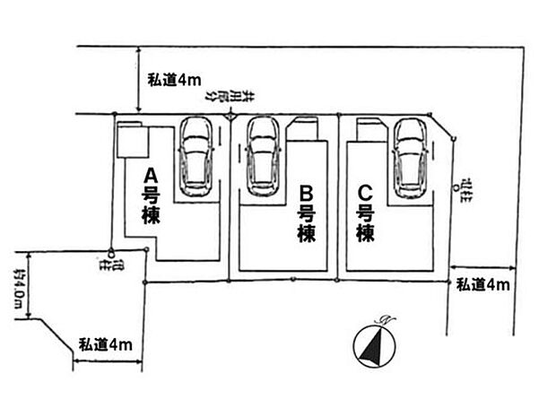 【【区画図】】前面道路は幅員約4mを確保。ビルトインガレージを採用しており、雨の日でも濡れにくく、荷物の出し入れもスムーズです。