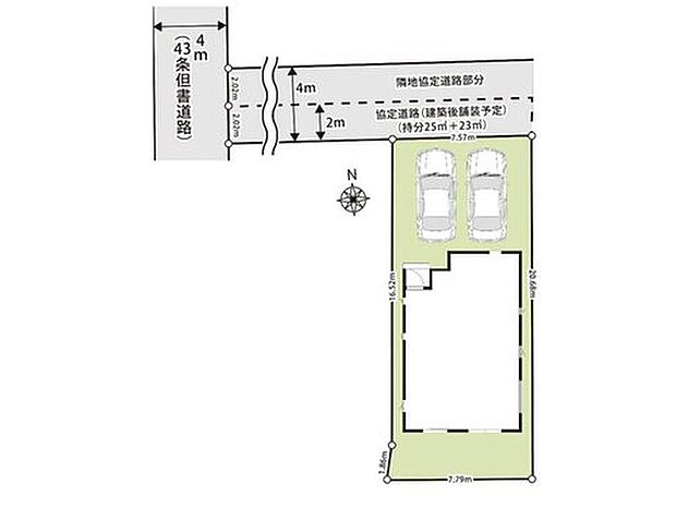 敷地面積65坪のゆとりある住まい。静かな住環境に加え、駐車スペースは並列2台分を確保しています。