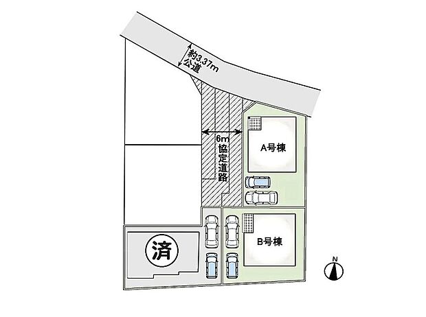 【全体区画図】全3棟のうち2棟販売中。協定道路を活かしたゆとりある配置で、各棟駐車2台分を確保した開放的な区画設計です