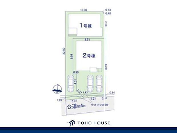 【【全体区画図】】交通量が少ない道路に面しているため、車の出し入れがしやすく、歩行時も安心です。1号棟、2号棟ともに高圧線下有。