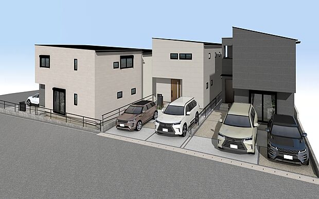 外観パース　右からA～C号棟
並列駐車2～3台駐車可！(車種・号棟による)
未完成物件の為モデルハウスへのご案内も致します。
平日・土日問わずお気軽にお問合せください。