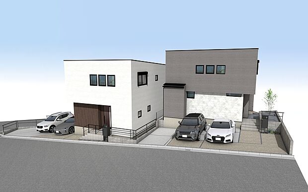 外観パース　A号棟：右側、B号棟：左側
駐車2～3台可！(号棟による)
未完成物件の為モデルハウスへのご案内も致します。
平日・土日問わずお気軽にお問合せください。