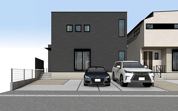 外観パース　A号棟
並列駐車3台可！
未完成物件の為モデルハウスへのご案内も致します。
平日・土日問わずお気軽にお問合せください。