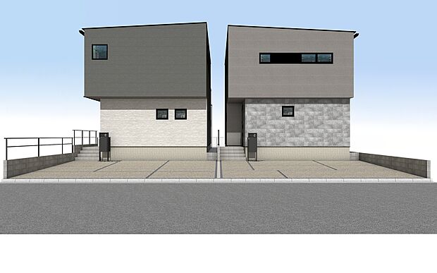 外観パース　
注文住宅から生まれたこだわりの住まい。
構造計算による【耐震等級3】という、最高レベルで大切な家族を守る家です。