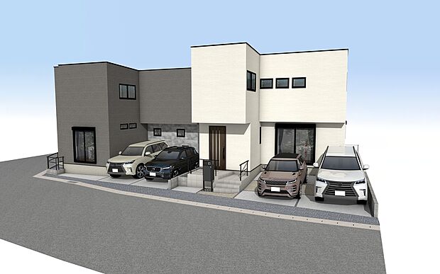 外観パース全体　左：A号棟、右：B号棟
■未完成物件の為、モデルハウスへのご案内も致します。お気軽にお問合せ下さいませ。