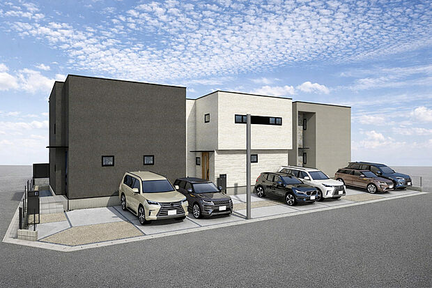 外観パース(右:A号棟、中央:B号棟、左:C号棟)