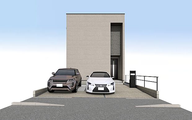 外観パース　注文住宅から生まれたこだわりの住まい。アクセントのある外観、洗練されたデザイン。構造計算による耐震等級3という、最高レベルで大切な家族を守る家です。

