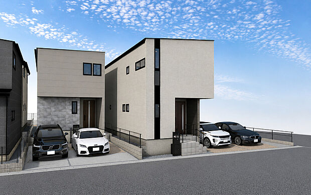 外観パース　右：A号棟、左：B号棟
■未完成物件の為、モデルハウスへのご案内も致します。お気軽にお問合せ下さいませ。