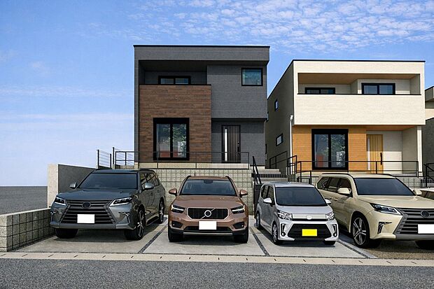 外観パース(F号棟)並列3台駐車可！(車種による)完成しました！内覧可能です。平日・土日問わずお気軽にお問合せください。