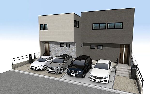 右からA・B号棟 外観パース お気軽にアールプランナー不動産名古屋西営業所【0120-401-500】までお問い合わせください。