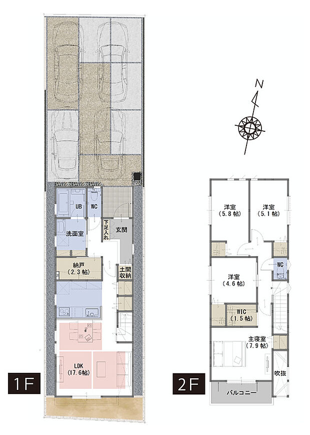 【4LDK+WIC+納戸+土間収納】■リビングを通って階段があるため家族の様子が分かりコミュニケーションにもつながります。
■ゴルフバックやベビーカーを収納できる土間収納付き
