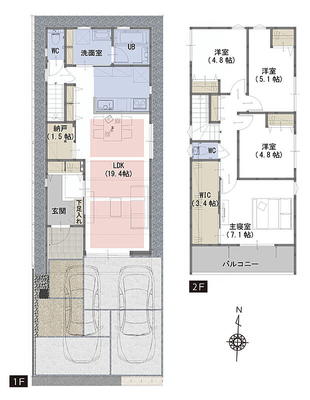 【4LDK+WIC+納戸+土間収納】■木肌の美しいあらわし梁がワンランク上の生活を演出
■リビングにいるご家族の様子がわかる対面キッチン