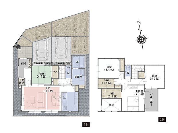 【4LDK+S】■吹き抜けにより、リビングを明るく広く感じさせます
■使う場所ごとにものを片付けられるように収納豊富な間取り
■リビング横の和室はLDKと一体となった広い空間も演出できます