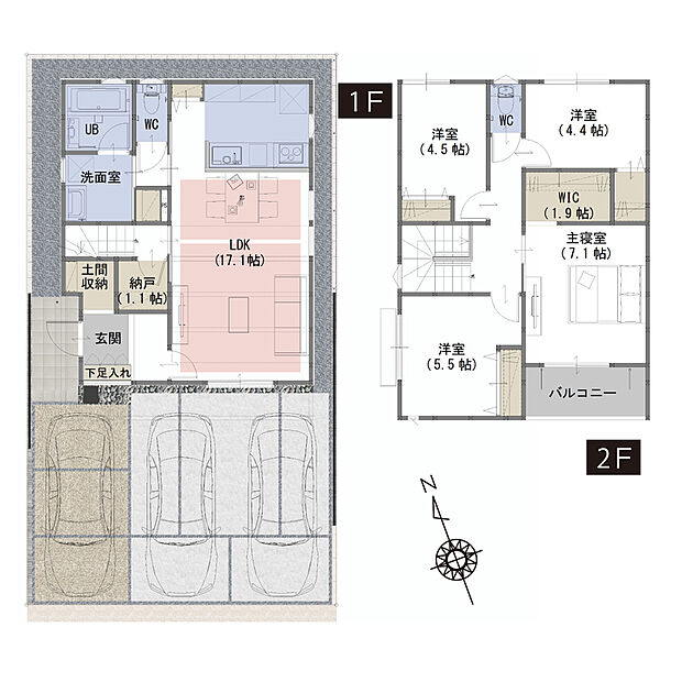 【４LDK+WIC+納戸＋土間収納】■会話が弾む対面キッチン
■全居室収納付きで家族全員の持ち物がすっきり片付く