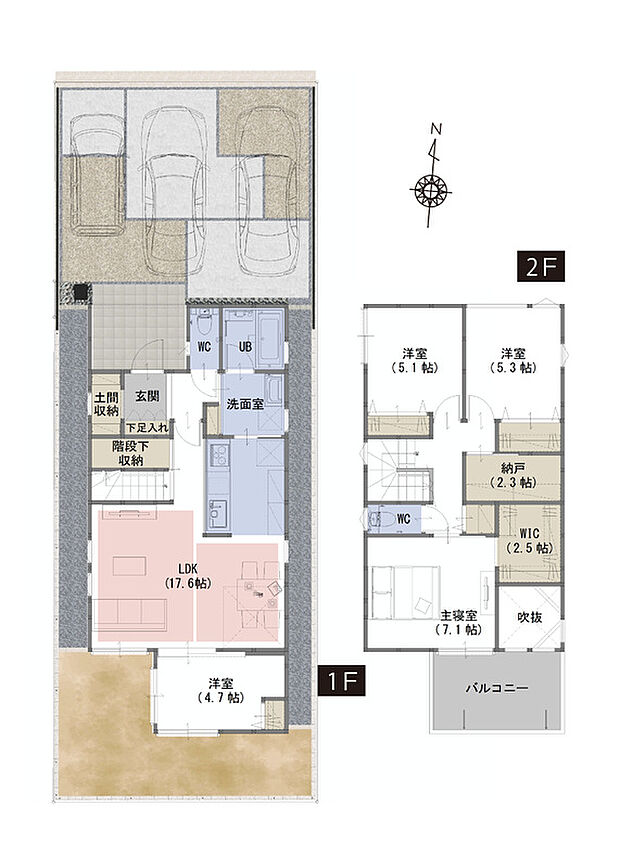 【４LDK+WIC+納戸＋土間収納＋階段下収納】■WIC・納戸・土間収納がある豊富な収納スペース
■南向きのリビングには心地いい日差しが差し込みます
