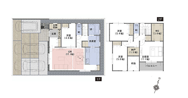 【４LDK+WIC+納戸＋土間収納】■吹抜がリビングをより明るく、開放的な空間に
■WIC・納戸・土間収納がある豊富な収納スペース