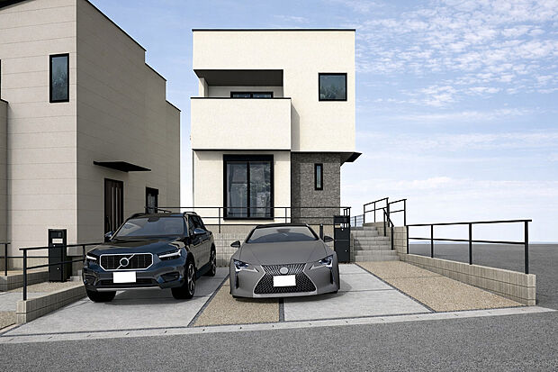 【B号棟】現地外観パース　並列駐車3台可！