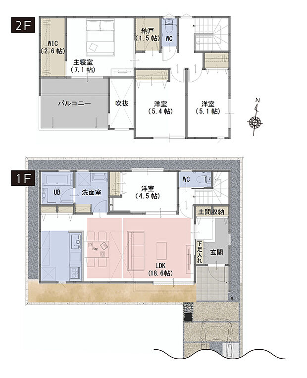 【４LDK+WIC+納戸＋土間収納】■リビングを通って階段があるため家族の様子が分かりコミュニケーションにもつながります。
■全居室収納付きで家族全員の持ち物がすっきり片付く