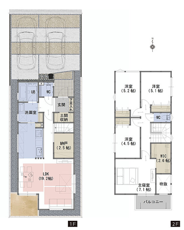 【4LDKS+WIC+土間収納】・水回りが集中しているので家事負担も軽減できる間取りです!
・二面採光でLDKを明るく照らす大開口の吹抜がワンランク上の生活を演出します!
・目的ごとに分けられるよう収納スペースを各所に配置しています。