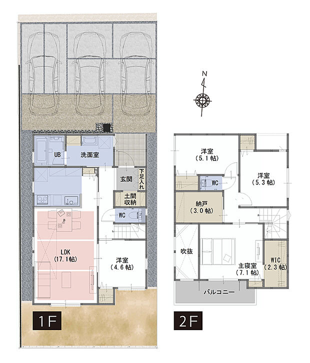 【４LDK+WIC+納戸＋土間収納】■吹抜がリビングをより明るく、開放的な空間に
■ウィークインクローゼットは大容量の2.3帖