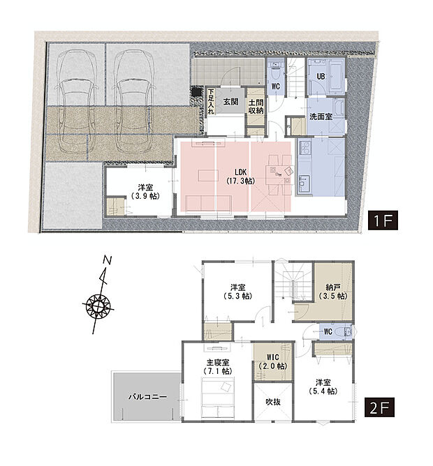【4LDK+WIC+納戸+土間収納】■吹抜がリビングをより明るく、開放的な空間に
■ゴルフバックやベビーカーを収納できる土間収納付き