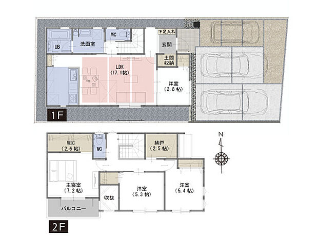 【４LDK+WIC+納戸＋土間収納】■吹抜がリビングをより明るく、開放的な空間に
■リビングを見渡せる対面式キッチンだからお子様がいても安心です
