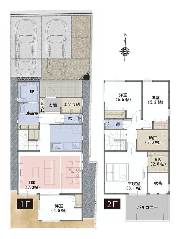 【4LDK+WIC+納戸+土間収納+階段下収納】■ゴルフバックやベビーカーを収納できる土間収納付き
■リビングにいるご家族の様子がわかる対面キッチン