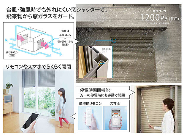 【電動シャッター】雨風が強い日や夜でも安心。窓を開けずにリモコンやスマホでシャッターの開閉が可能です。台風・強風時でも外れにくい窓シャッターで、高い耐風圧性能を実現。飛来物から窓ガラスをガード。停電時開閉機能搭載、万一の停電時にも手動で開閉可能です。
